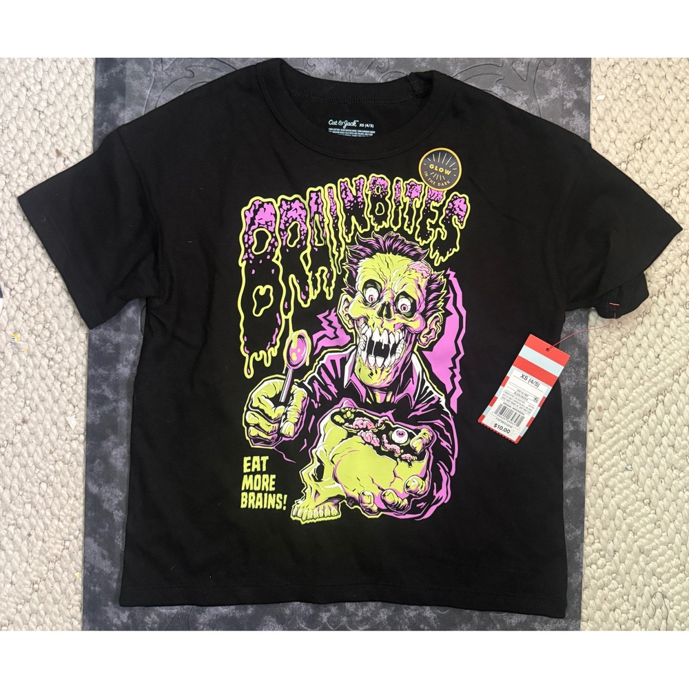 Cat & Jack Kids Glow in the Dark Zombie Brain Bites Graphic T-Shirt Black XS 4/5